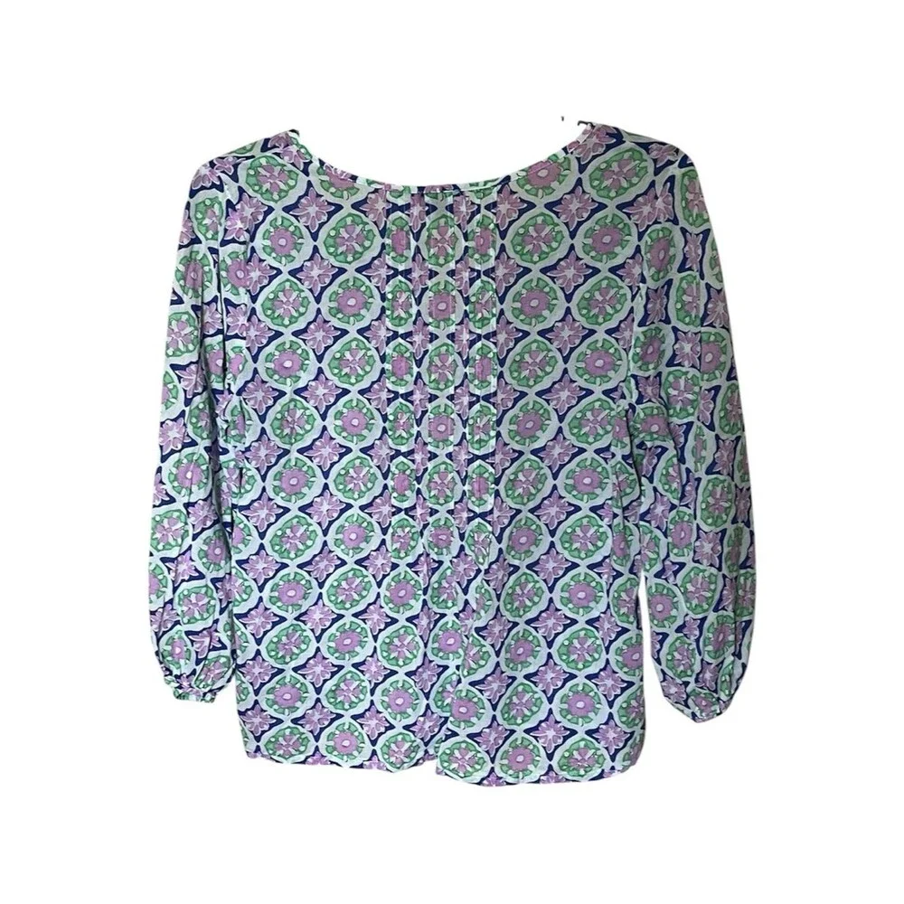 Talbots Cotton Purple/Green Floral Split Neck Pin-Tuck Top Shirt Blouse Size L